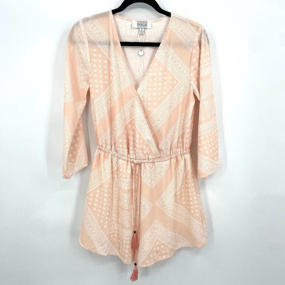 NWOT SHILLA Blush Pink White Light Faux Wrap Elastic Waist Tassle Romper Small - Picture 1 of 5